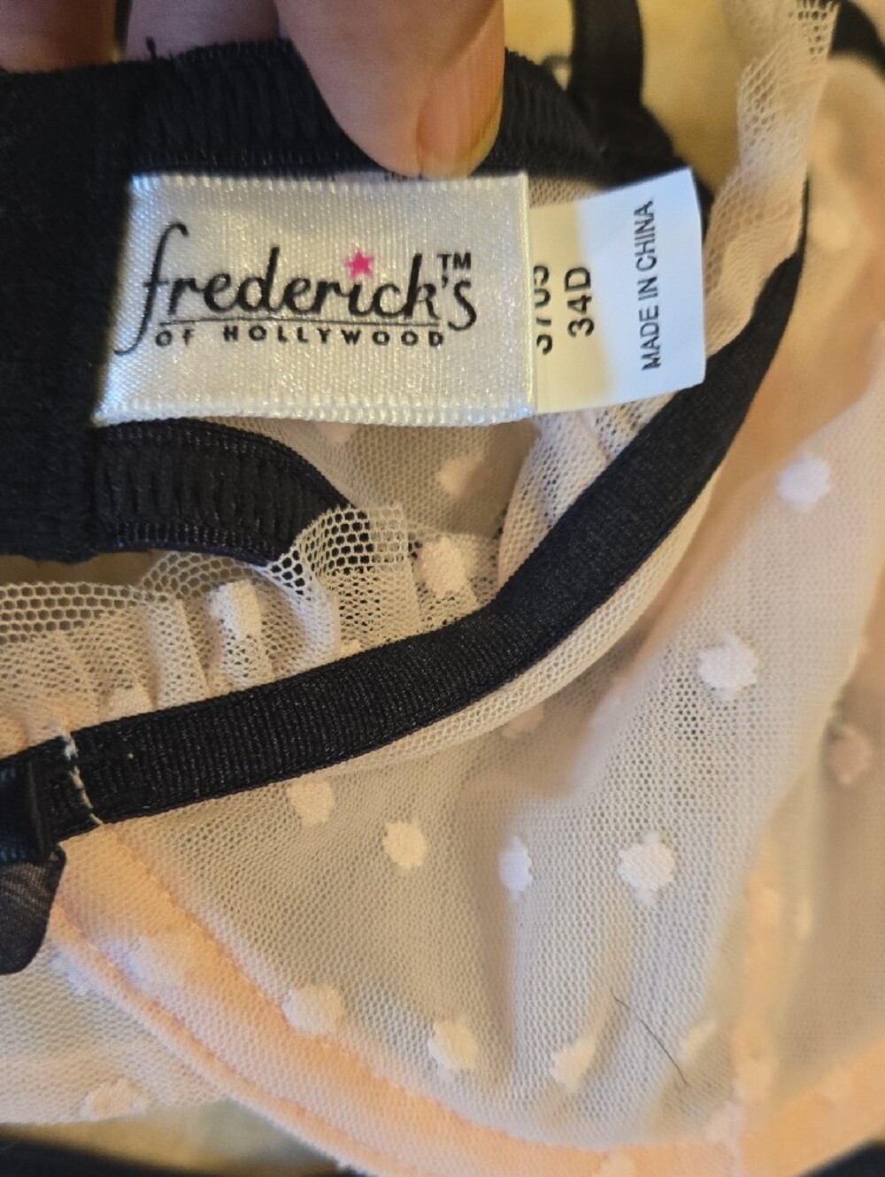 Frederick's of Hollywood Pink Mesh Polka Dot Bra & Skirt Set & Black Trim NWOT - Picture 7 of 9